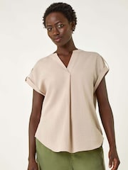 Roman Natural Pleated Notch Neck Top - Image 4 of 5