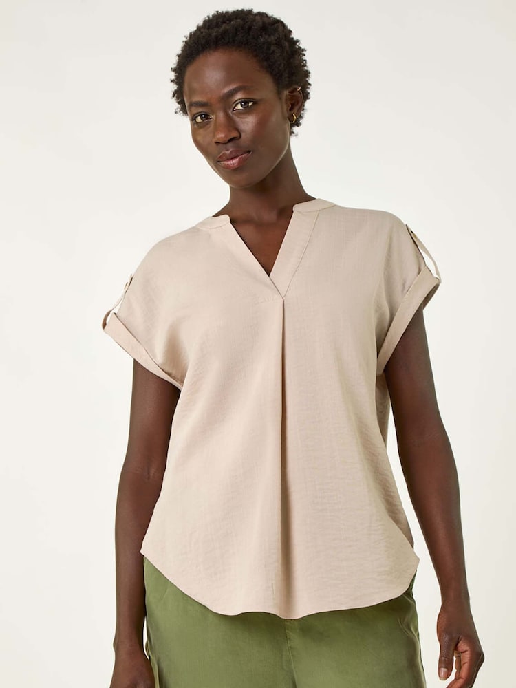 Roman Natural Pleated Notch Neck Top - Image 4 of 5