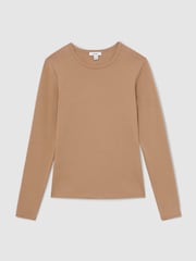 Reiss Camel Jada Cotton Crew-Neck Long-Sleeve T-Shirt With Stretch - Image 2 of 6