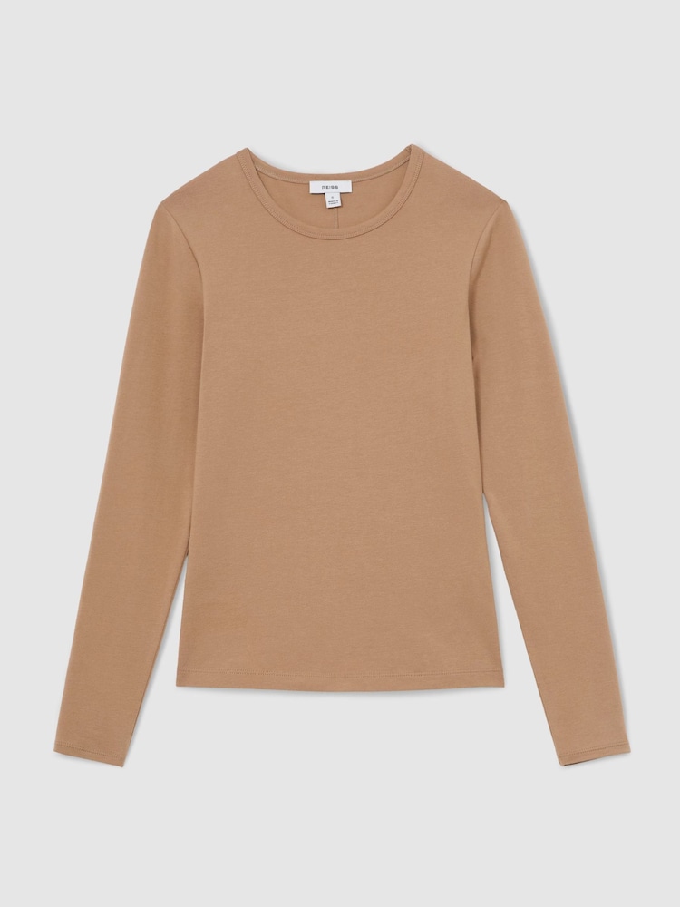 Reiss Camel Jada Cotton Crew-Neck Long-Sleeve T-Shirt With Stretch - Image 2 of 6 Reiss Camel Jada Cotton Crew-Neck Long-Sleeve T-Shirt With Stretch - Image 2 of 6