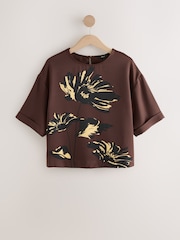 Chocolate Brown Floral Print Satin Short Sleeve Boxy T-Shirt - Image 1 of 3