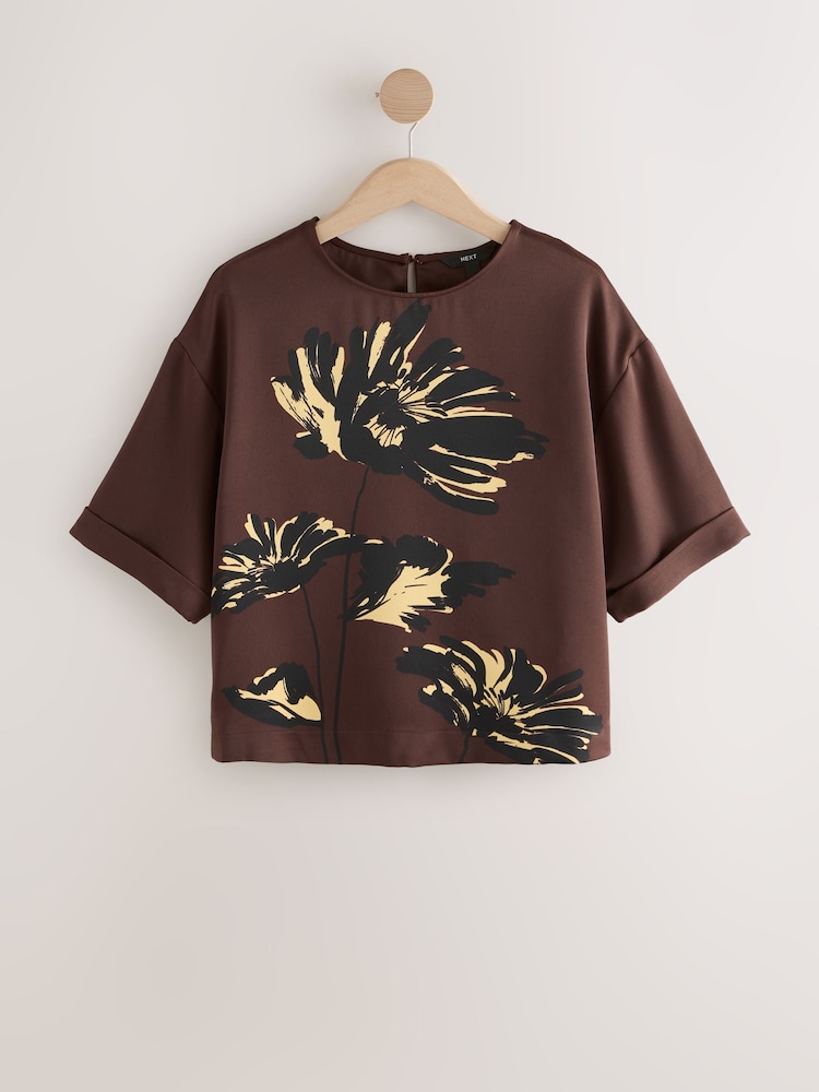 Chocolate Brown Floral Print Satin Short Sleeve Boxy T-Shirt - Image 1 of 3