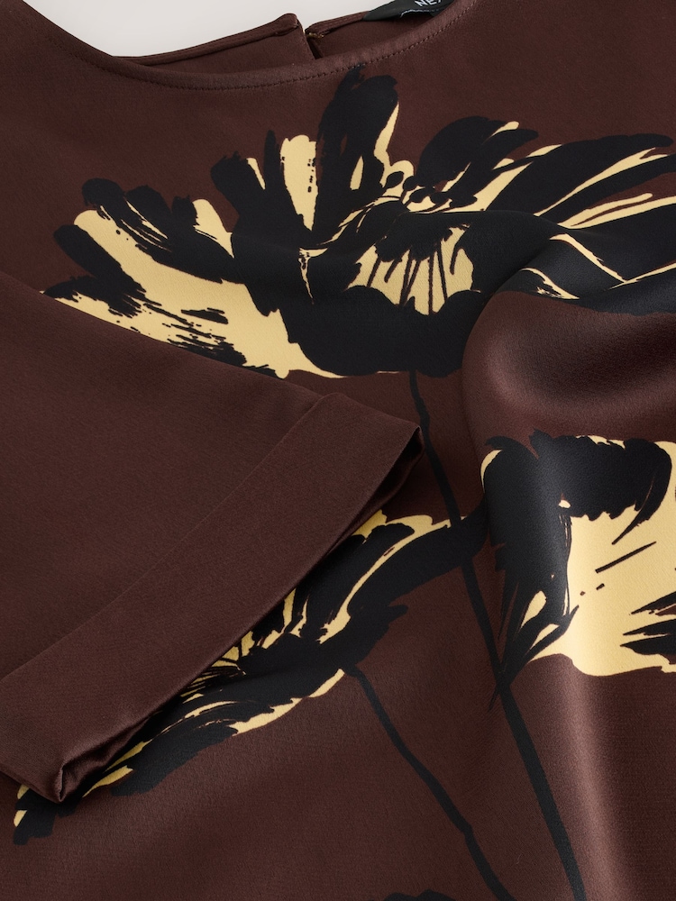 Chocolate Brown Floral Print Satin Short Sleeve Boxy T-Shirt - Image 3 of 3