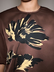 Chocolate Brown Floral Print Satin Short Sleeve Boxy T-Shirt - Image 5 of 8