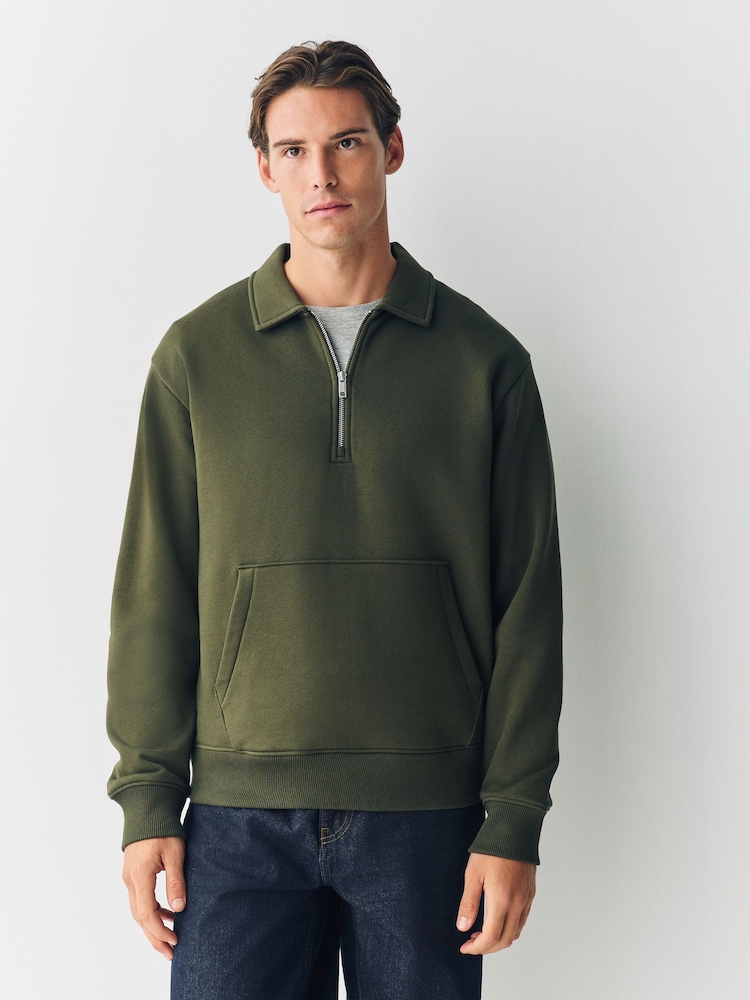 Khaki Green Polo Neck Cotton Rich Jersey Sweatshirt - Image 1 of 7 Khaki Green Polo Neck Cotton Rich Jersey Sweatshirt - Image 1 of 7