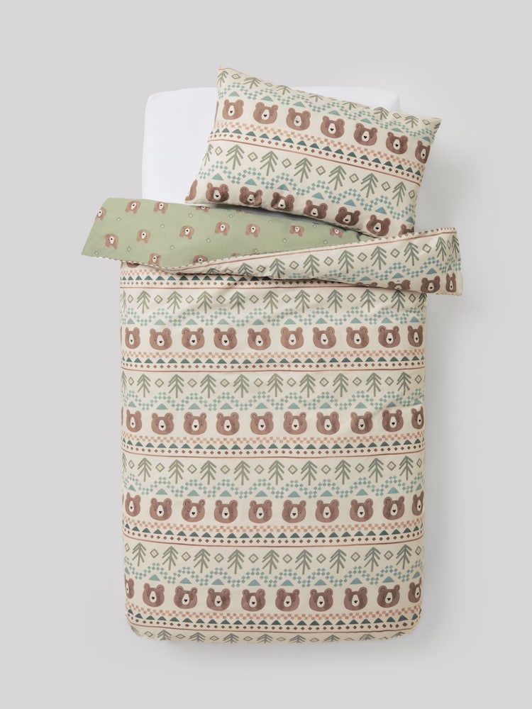 Sage Green Fairisle Bear Duvet Cover and Pillowcase Set - Image 1 of 3