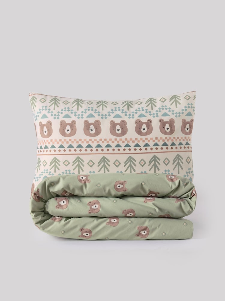 Sage Green Fairisle Bear Duvet Cover and Pillowcase Set - Image 2 of 3