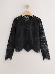 Schwarz - Flocked Velvet Button Down Long Sleeve Top - Bild 1 von 3