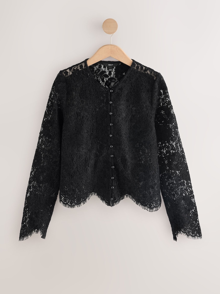 Schwarz - Flocked Velvet Button Down Long Sleeve Top - Bild 1 von 3