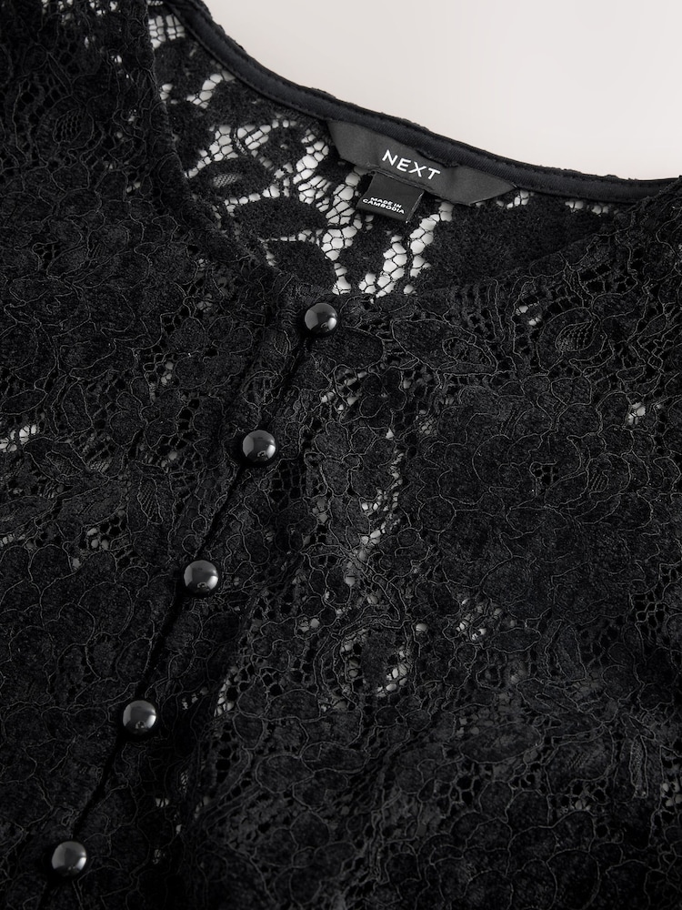 Schwarz - Flocked Velvet Button Down Long Sleeve Top - Bild 3 von 3
