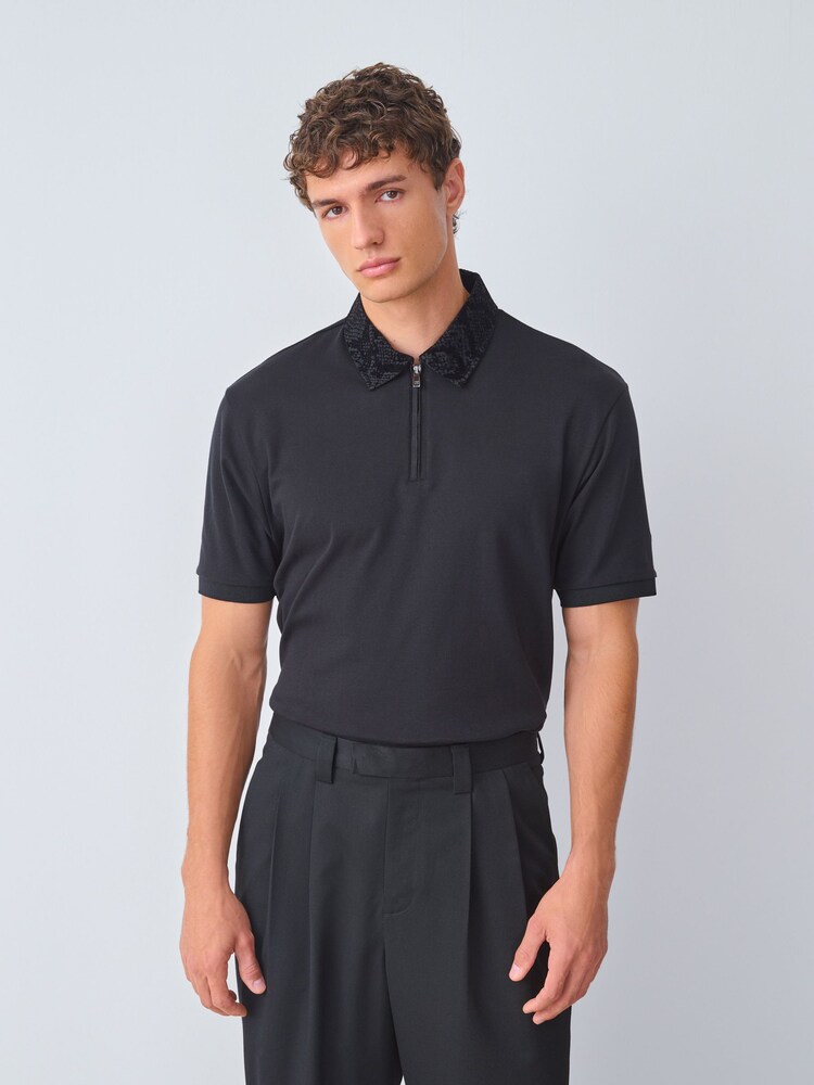 Black Flock Short Sleeve Smart Collar Polo Shirt - Image 1 of 5 Black Flock Short Sleeve Smart Collar Polo Shirt - Image 1 of 5