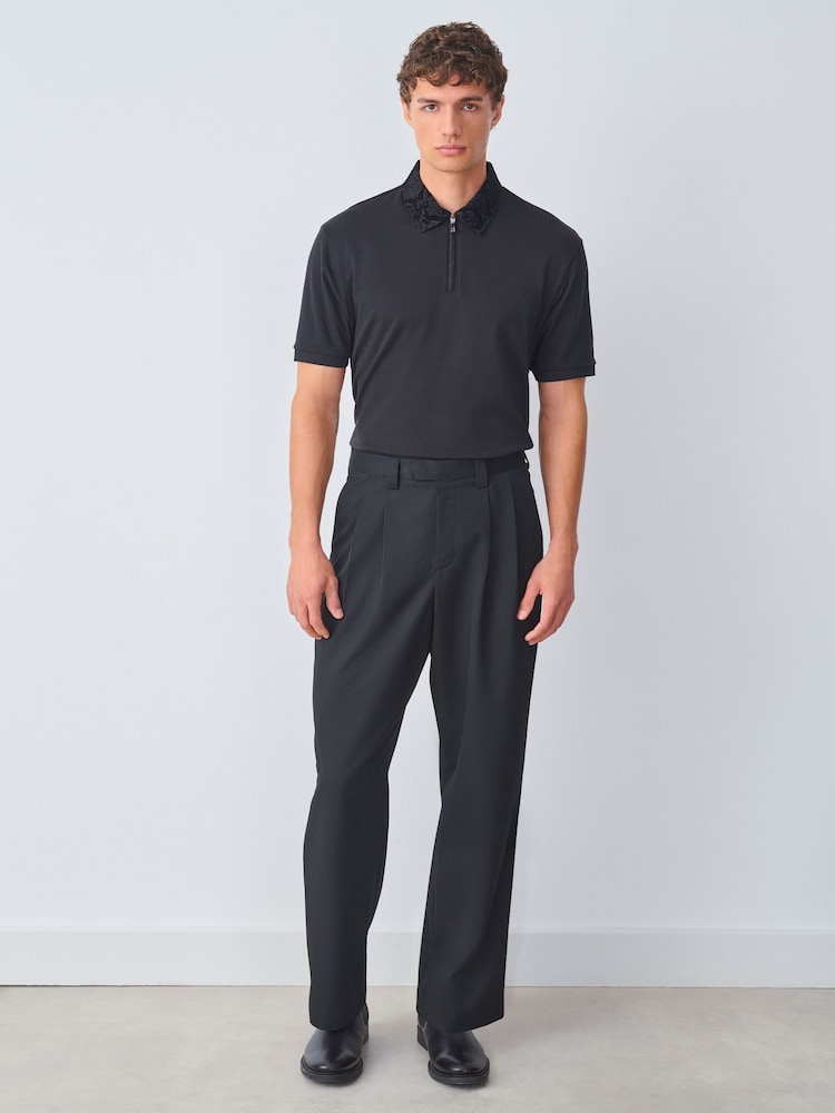 Black Flock Short Sleeve Smart Collar Polo Shirt - Image 2 of 5 Black Flock Short Sleeve Smart Collar Polo Shirt - Image 2 of 5