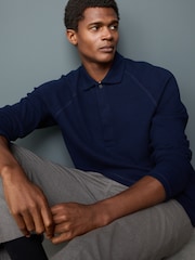 Indigo Blue Textured Waffle Long Sleeve Polo Shirt - Image 1 of 8