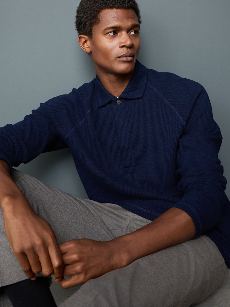 Indigo Blue Textured Waffle Long Sleeve Polo Shirt - Image 1 of 8