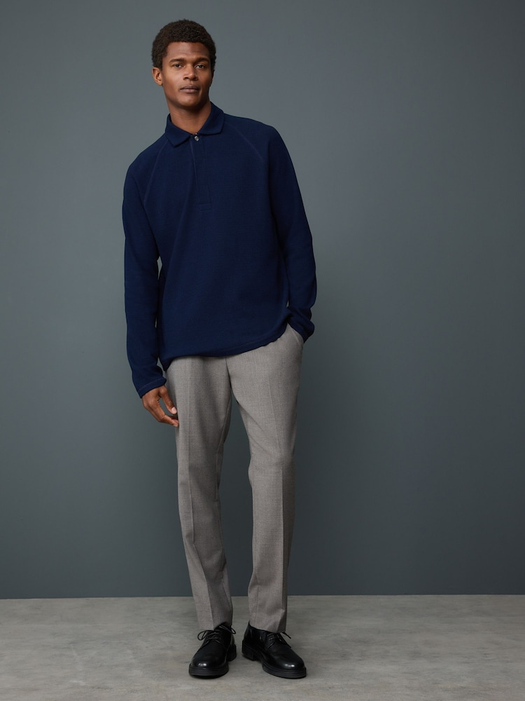 Indigo Blue Textured Waffle Long Sleeve Polo Shirt - Image 2 of 8