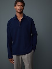 Indigo Blue Textured Waffle Long Sleeve Polo Shirt - Image 3 of 8