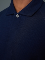 Indigo Blue Textured Waffle Long Sleeve Polo Shirt - Image 5 of 8