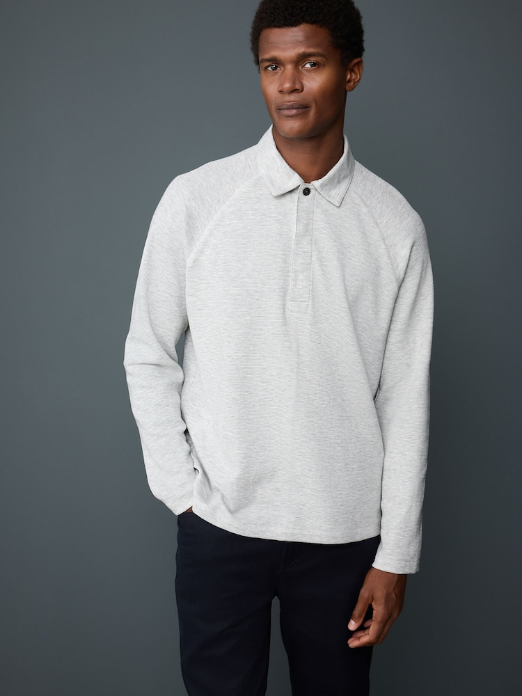 Light Grey Textured Waffle Long Sleeve Polo Shirt - Image 1 of 7