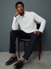 Light Grey Textured Waffle Long Sleeve Polo Shirt - Image 2 of 7