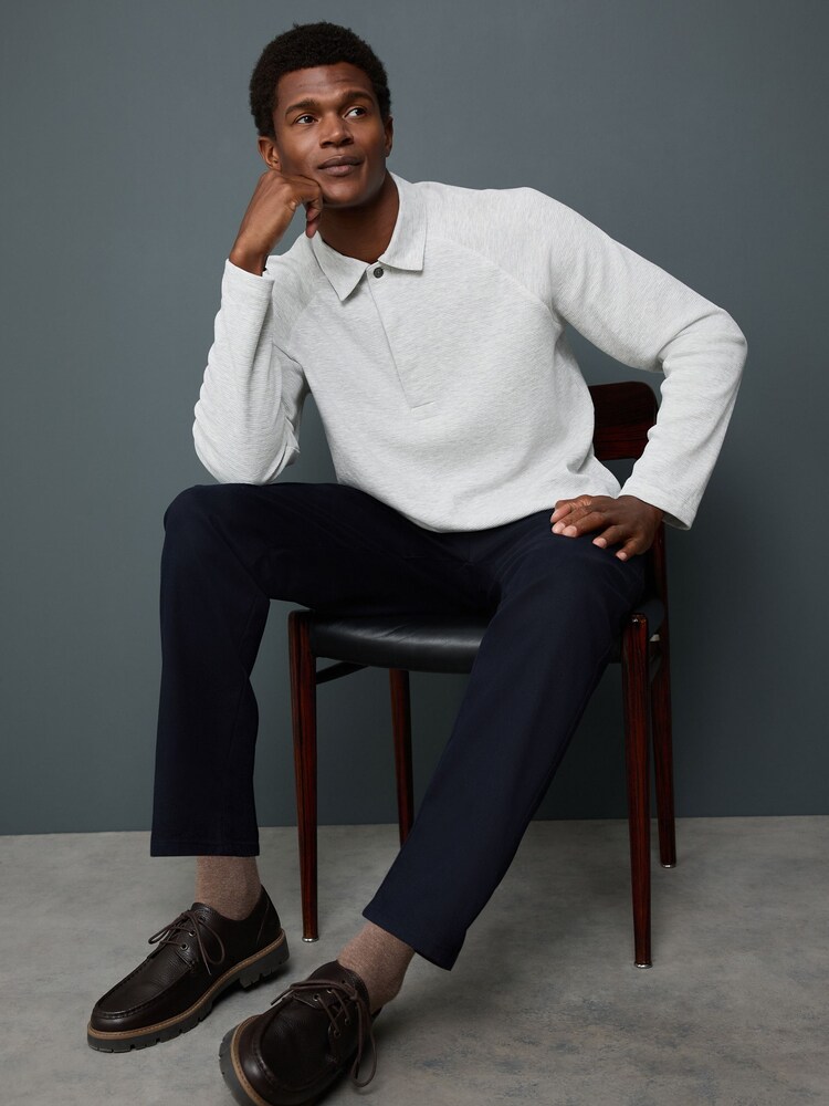 Light Grey Textured Waffle Long Sleeve Polo Shirt - Image 2 of 7