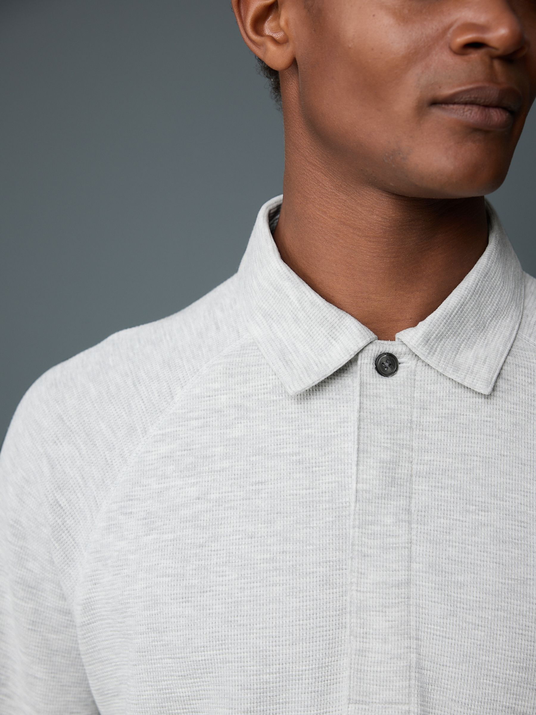 Buy Light Grey Long Sleeve Textured Waffle Polo Shirt from the