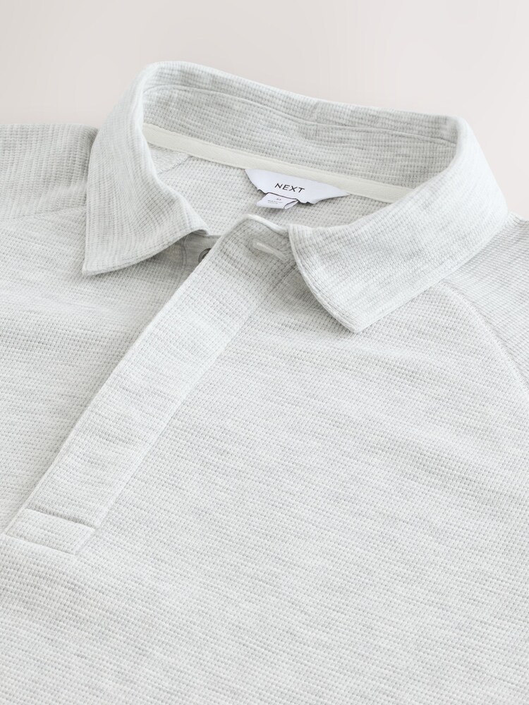 Light Grey Textured Waffle Long Sleeve Polo Shirt - Image 7 of 7