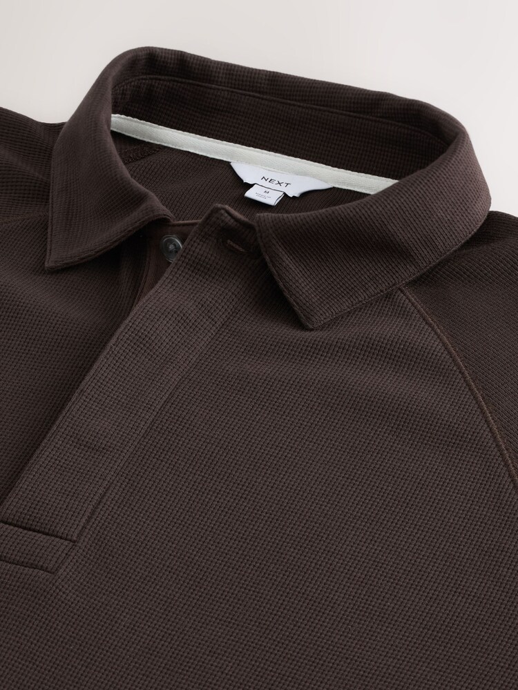 Brown Textured Waffle Long Sleeve Polo Shirt - Image 8 of 8