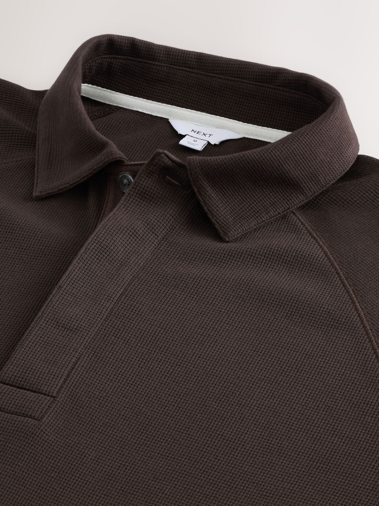 Brown Textured Waffle Long Sleeve Polo Shirt - Image 8 of 8 Brown Textured Waffle Long Sleeve Polo Shirt - Image 8 of 8