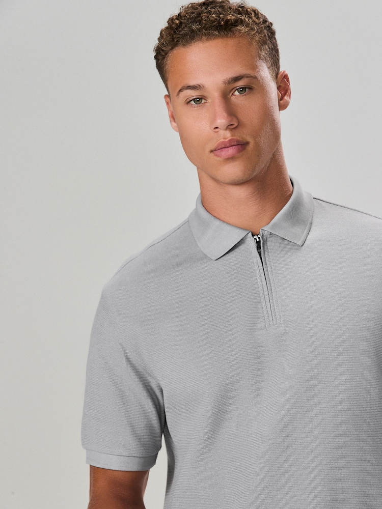 Grey Textured Smart Zip Neck Polo Shirt - Image 1 of 8
