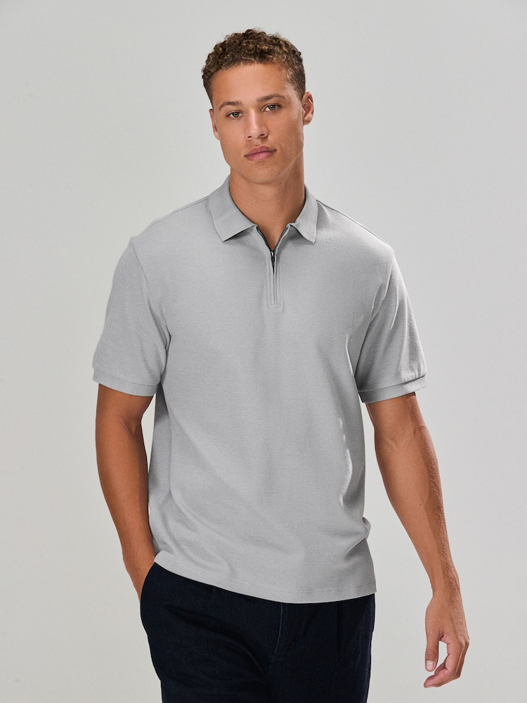 Grey Textured Smart Zip Neck Polo Shirt - Image 2 of 8