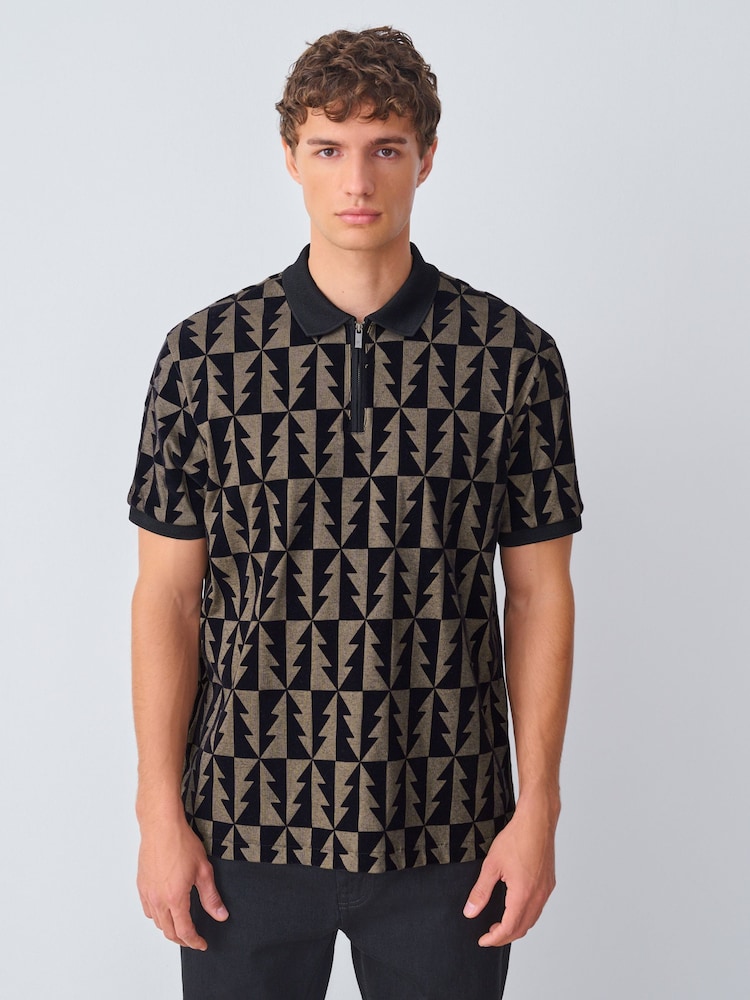 Black/Gold Christmas Tree Flocked Quarter Zip Polo Shirt - Image 1 of 7
