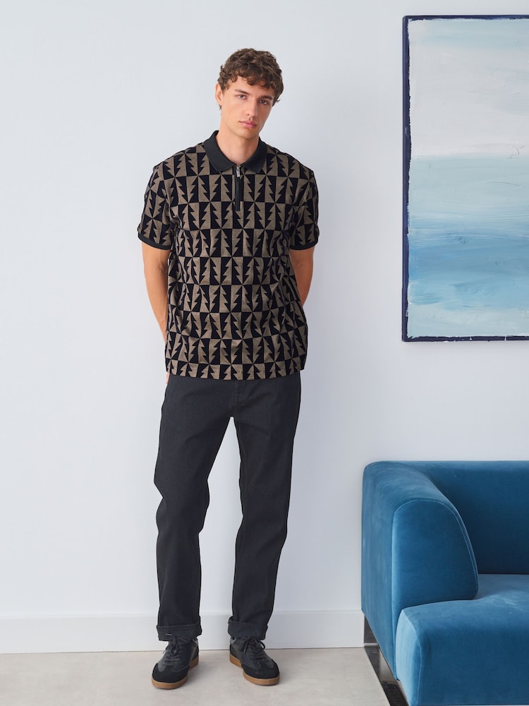 Black/Gold Christmas Tree Flocked Quarter Zip Polo Shirt - Image 2 of 7