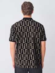 Black/Gold Christmas Tree Flocked Quarter Zip Polo Shirt - Image 3 of 7