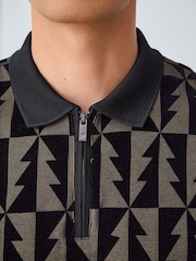 Black/Gold Christmas Tree Flocked Quarter Zip Polo Shirt - Image 4 of 7