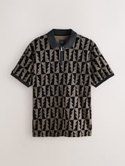 Black/Gold Christmas Tree Flocked Quarter Zip Polo Shirt - Image 5 of 7