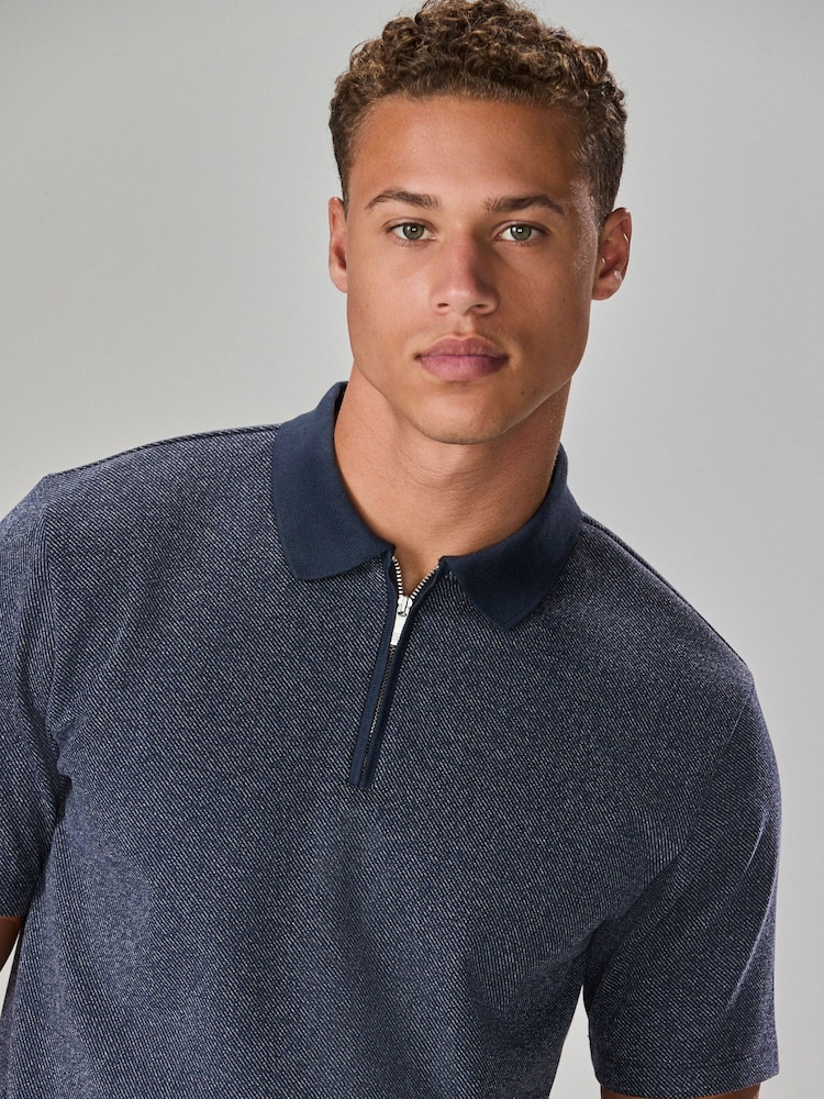 Navy Blue Twill Heritage Brushed Pattern Polo Shirt - Image 1 of 9
