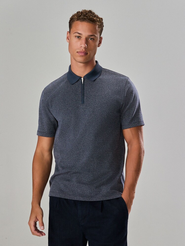 Navy Blue Twill Heritage Brushed Pattern Polo Shirt - Image 2 of 9