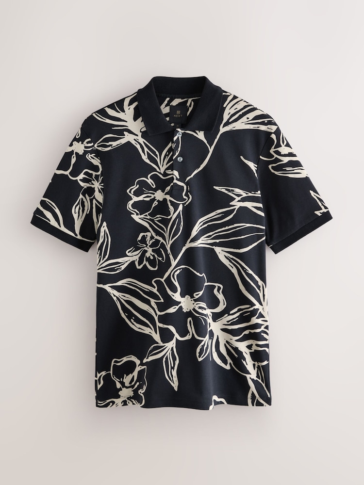 Black Gold Floral Short Sleeve Print Polo Shirt - Image 1 of 8 Black Gold Floral Short Sleeve Print Polo Shirt - Image 1 of 8