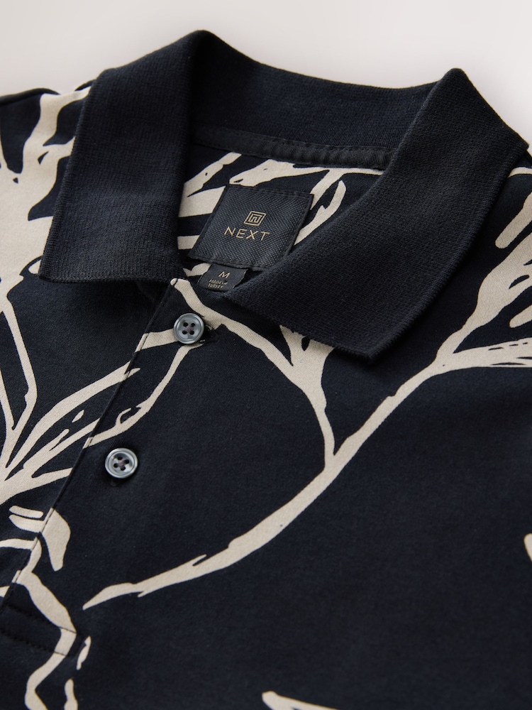 Black Gold Floral Short Sleeve Print Polo Shirt - Image 2 of 8 Black Gold Floral Short Sleeve Print Polo Shirt - Image 2 of 8