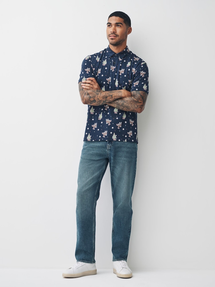 Navy Blue Reindeer Christmas Polo Shirt - Image 2 of 4 Navy Blue Reindeer Christmas Polo Shirt - Image 2 of 4
