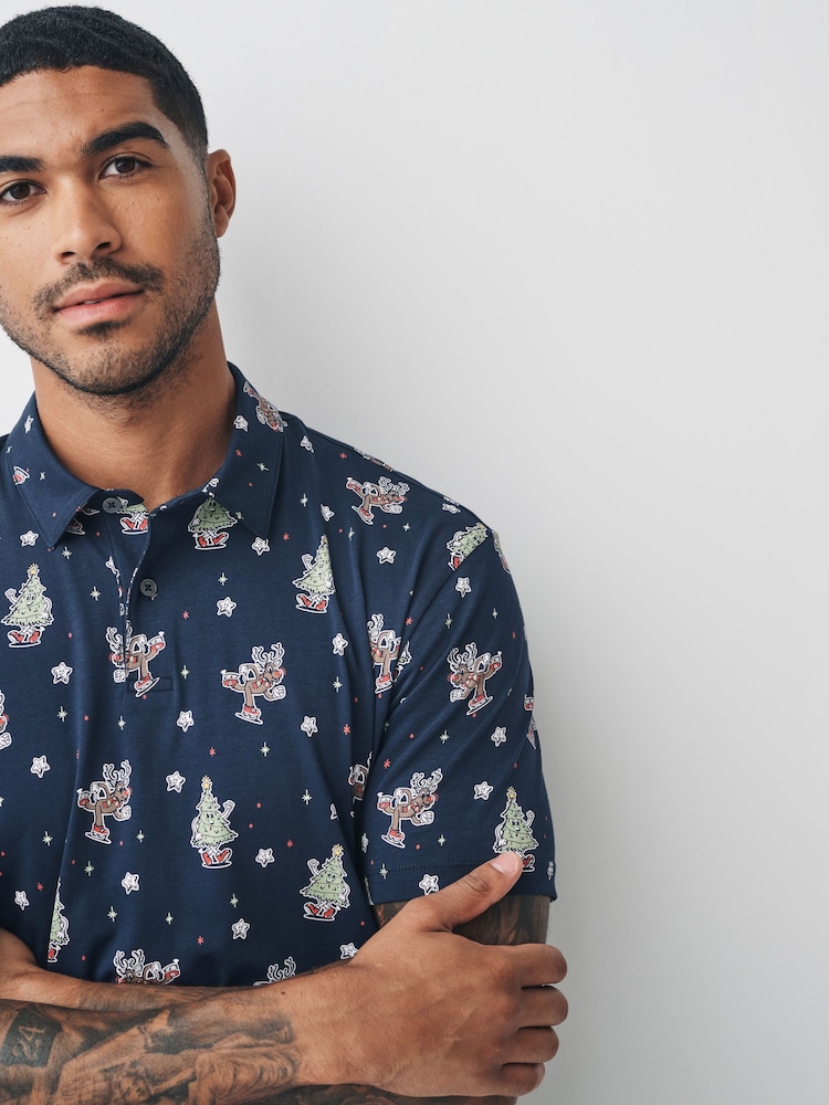 Navy Blue Reindeer Christmas Polo Shirt - Image 4 of 4 Navy Blue Reindeer Christmas Polo Shirt - Image 4 of 4