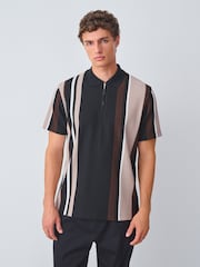 Black/Brown Vertical Stripe Quarter Zip Polo Shirt - Image 1 of 8