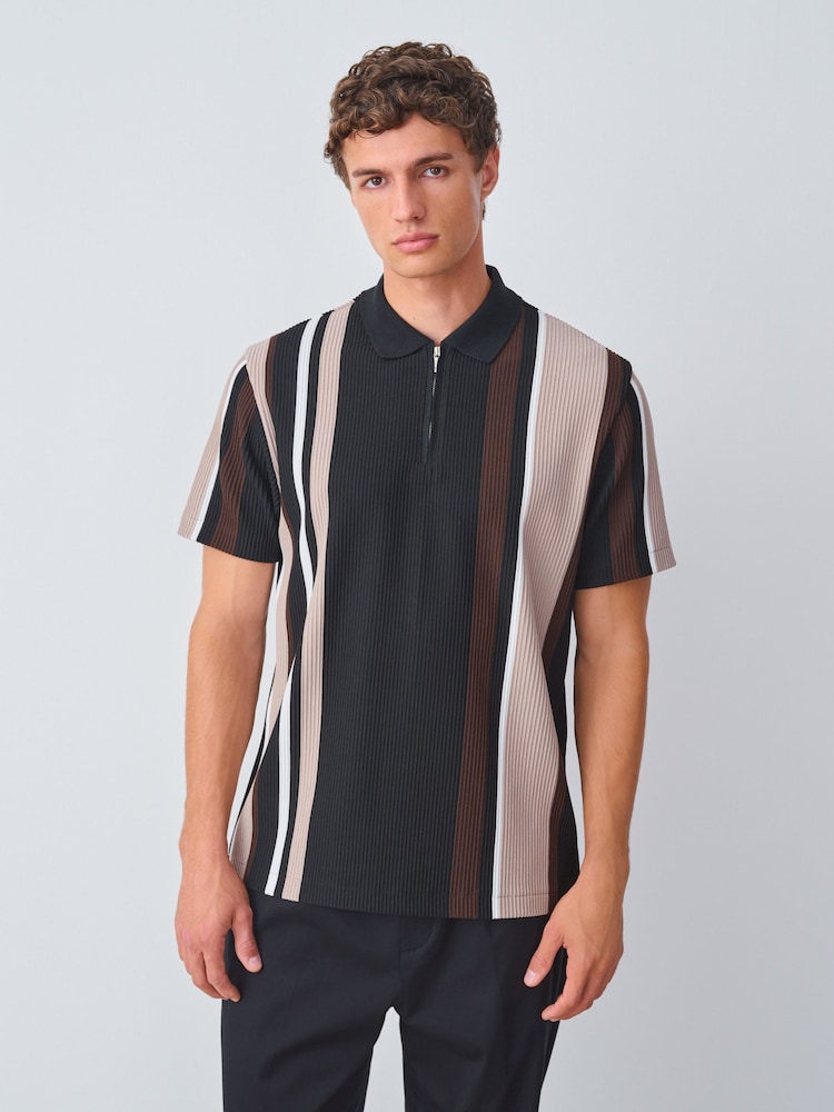 Black/Brown Vertical Stripe Quarter Zip Polo Shirt - Image 1 of 8