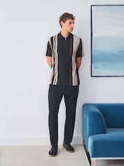 Black/Brown Vertical Stripe Quarter Zip Polo Shirt - Image 2 of 8