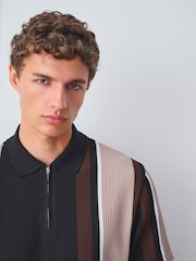 Black/Brown Vertical Stripe Quarter Zip Polo Shirt - Image 4 of 8