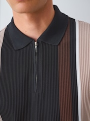 Black/Brown Vertical Stripe Quarter Zip Polo Shirt - Image 5 of 8