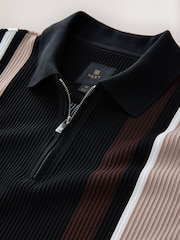 Black/Brown Vertical Stripe Quarter Zip Polo Shirt - Image 7 of 8