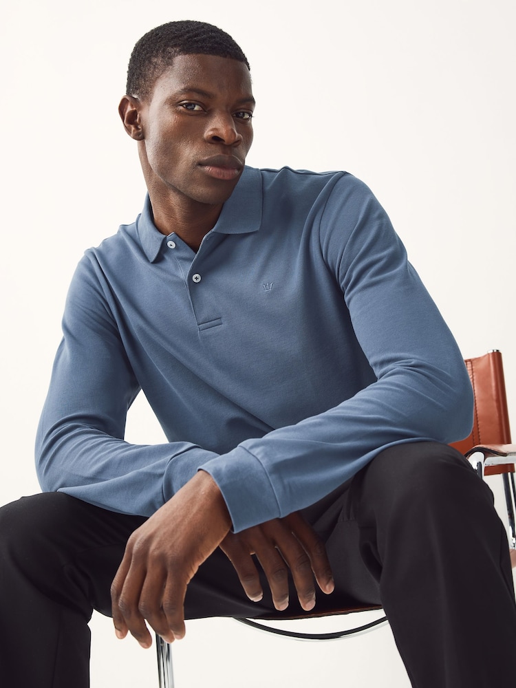 Blue Regular Fit Long Sleeve Pique Polo Shirt - Image 1 of 8 Blue Regular Fit Long Sleeve Pique Polo Shirt - Image 1 of 8