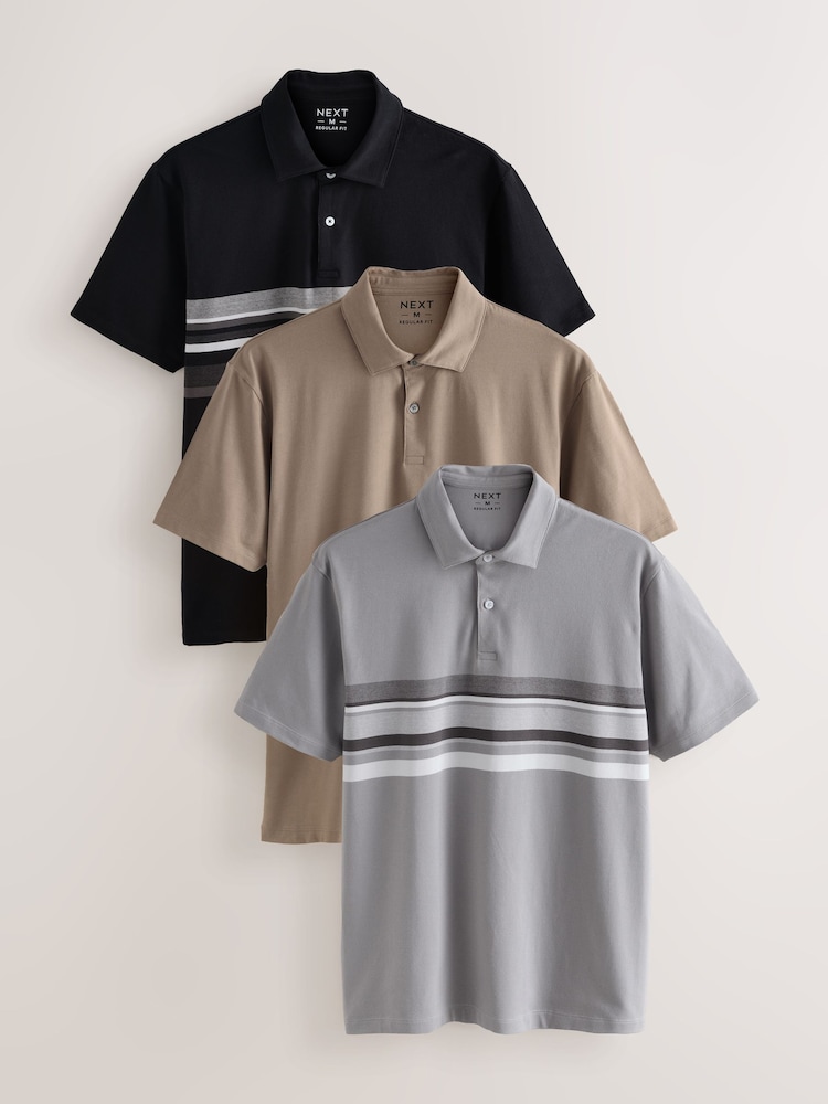 Black/Grey/Neutral Block Regular Fit Short Sleeve Jersey Polo Shirts 3 Pack - Image 1 of 6
