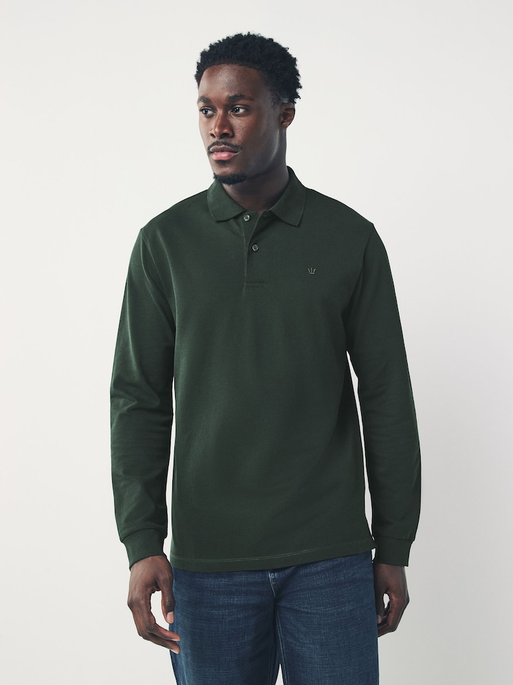 Olive Green Regular Fit Long Sleeve Pique Polo Shirt - Image 1 of 7